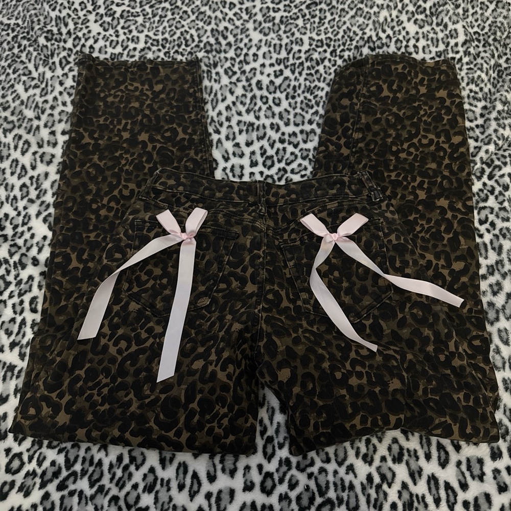 Leopard Print Pants with Pink Bows